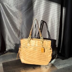 Coach Madison Tan Leather Tote Snakeskin Trim Drawstring Bag